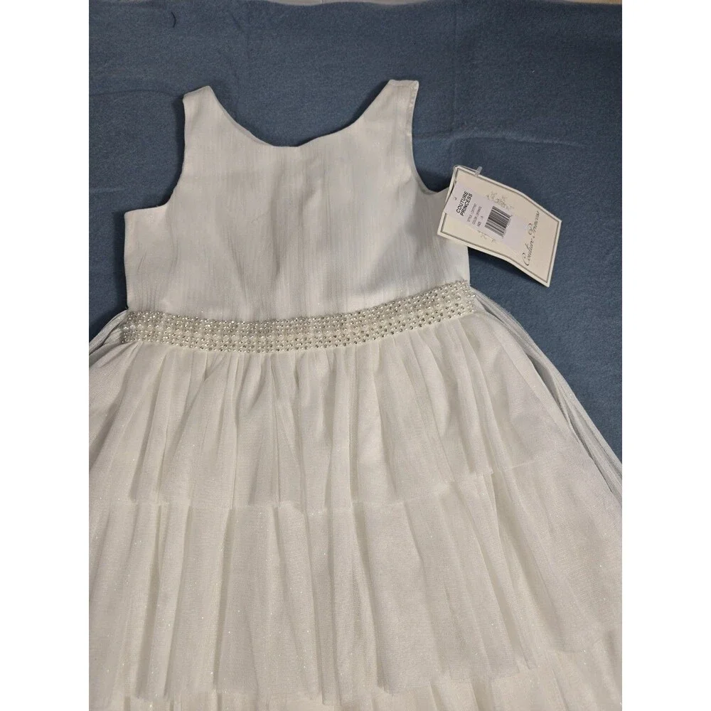 Couture Princess Girls' Ivory Pearl-Trim Ruffle Tulle Formal Flower Girl  8 NWT